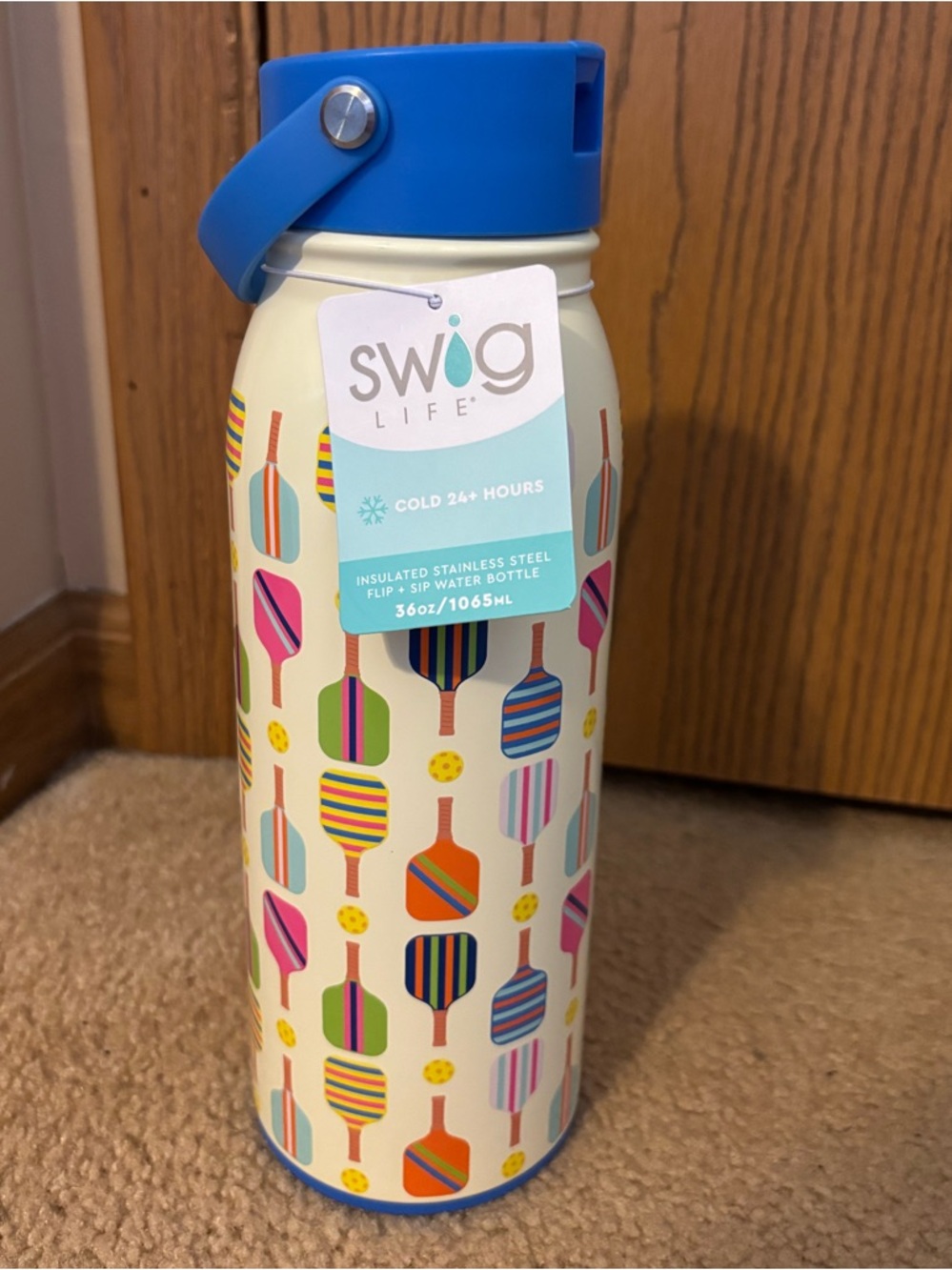 Swig Life Insulated Stainless Steel Water Bottle Pickle Ball Paddle Pattern 36oz